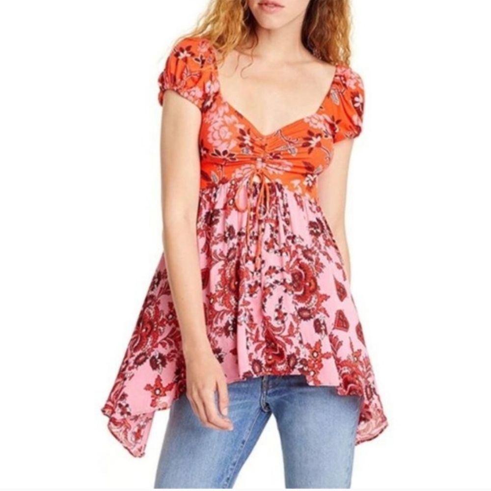 🌺 Free People La Bamba Babydoll Printed Top Hawaiian Sunset Pink Orange Medium